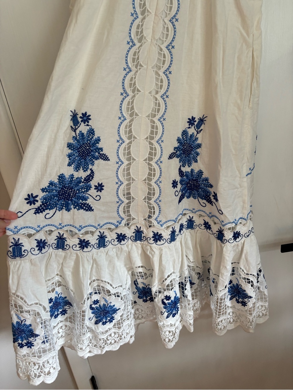 Farm Rio Cross Stitch Richelieu Sunflower Midi Dress white and blue sundress - Picture 7 of 10